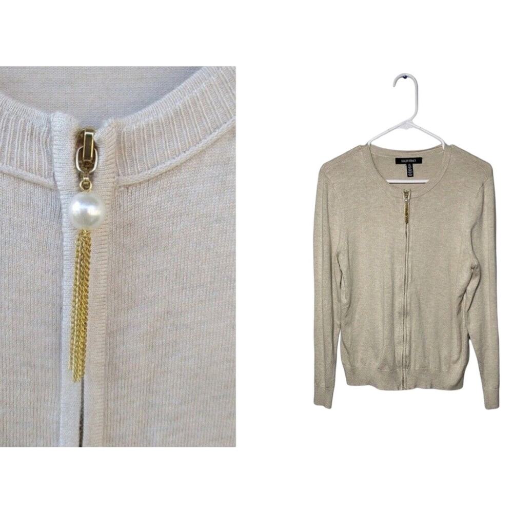 Ellen Tracy Womens Sweater Zip Up Pearl Size Large Tan Cream Quite Luxury Staple